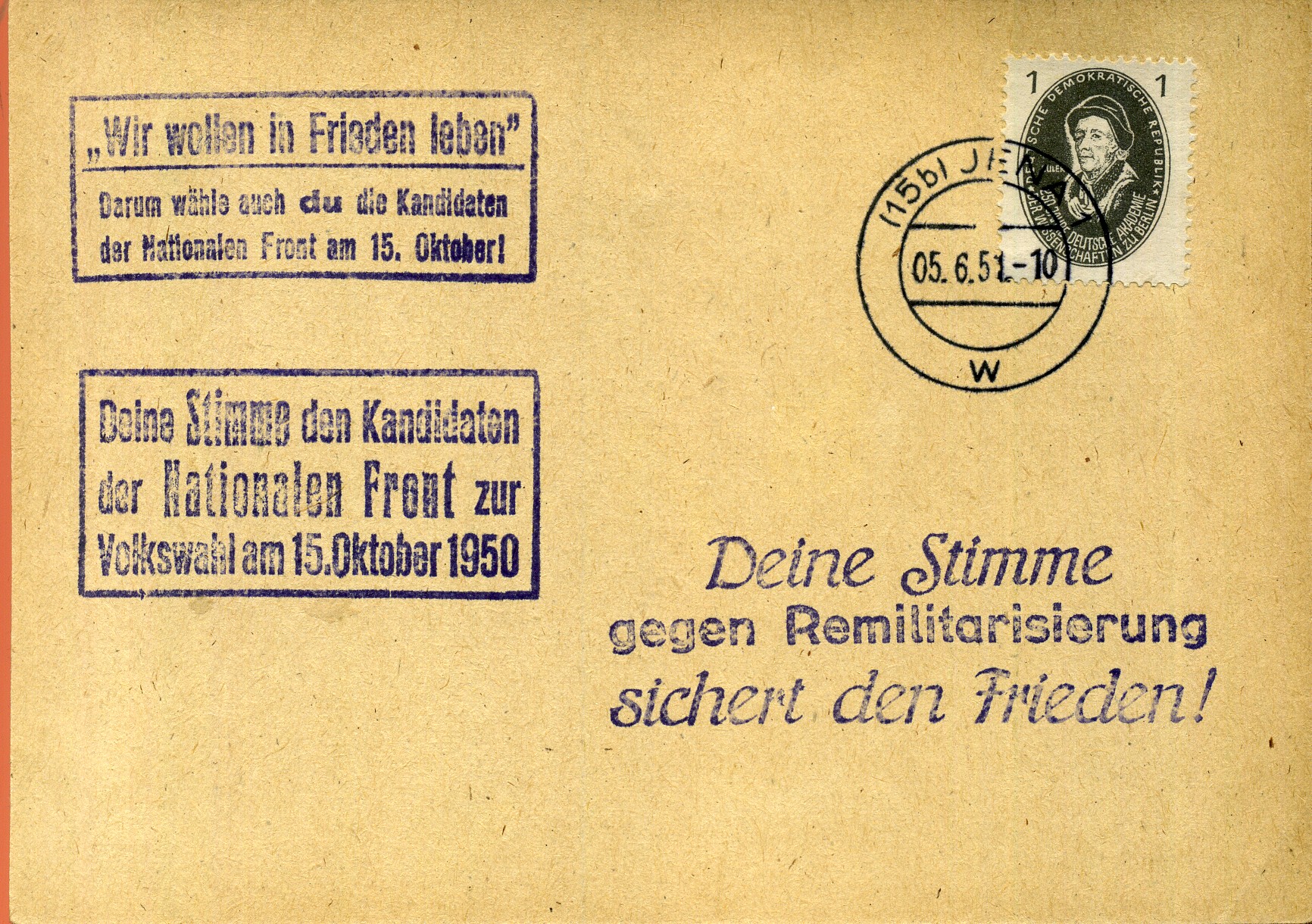 Deine Stimme den Kandidaten der Nationalen Front zur Volkswahl am 15. Oktober 1950 - Handstempel - violett - Jena
