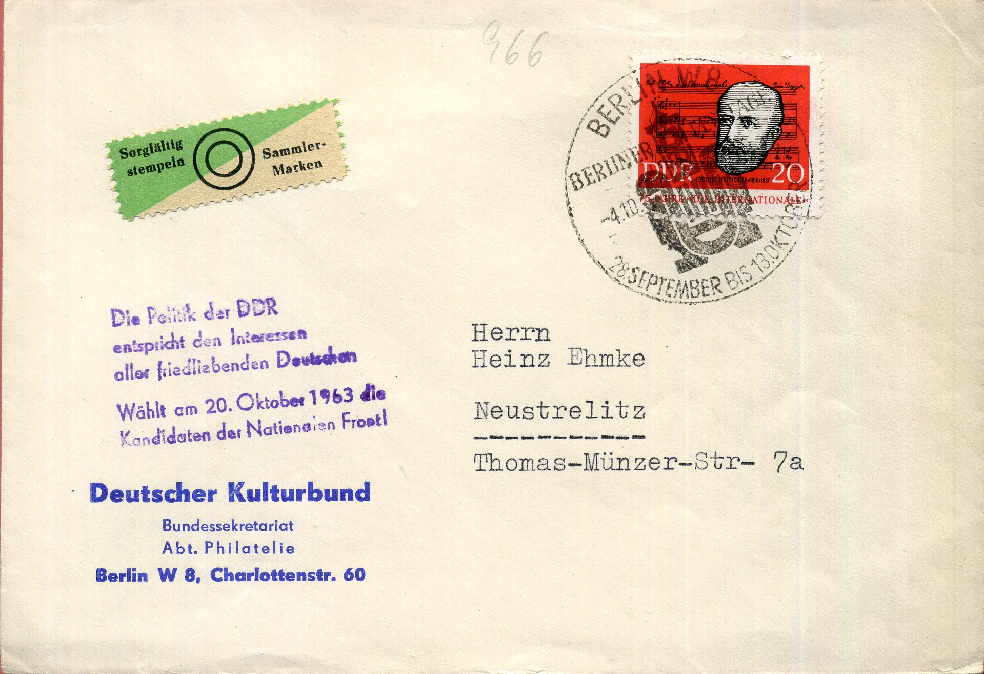 Die Politik der DDR entspricht den Interessen aller friedliebenden Deutschen. Wählt am 20. Oktober 1963 die Kandidaten der Nationalen Front! - Handstempel - violett - Berlin  W8